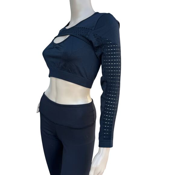 New Seamless Black Long Sleeve Cut Out Stretch Hollow Out Women Cropped Top M - Picture 3 of 6